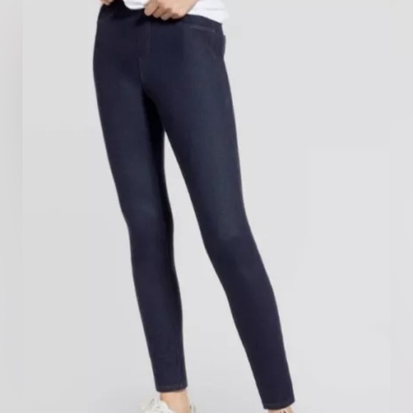 Women’s Hue Studio Classic Denim Leggings Mid Rise Knit Jean,Deep Indigo, S M - Picture 4 of 7